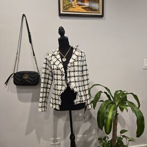 Fashion Nova Black & White Tweed Fringe Open-Front Jacket